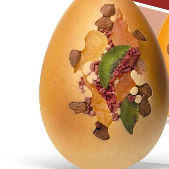Uovo bianco con decoro frutta. Peso: 400g