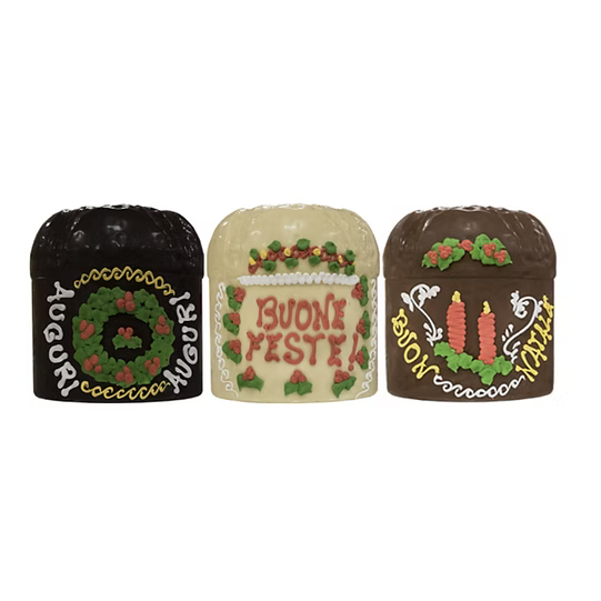 Panettone decorato al cioccolato bianco-fondente-latte. By World Products Shop