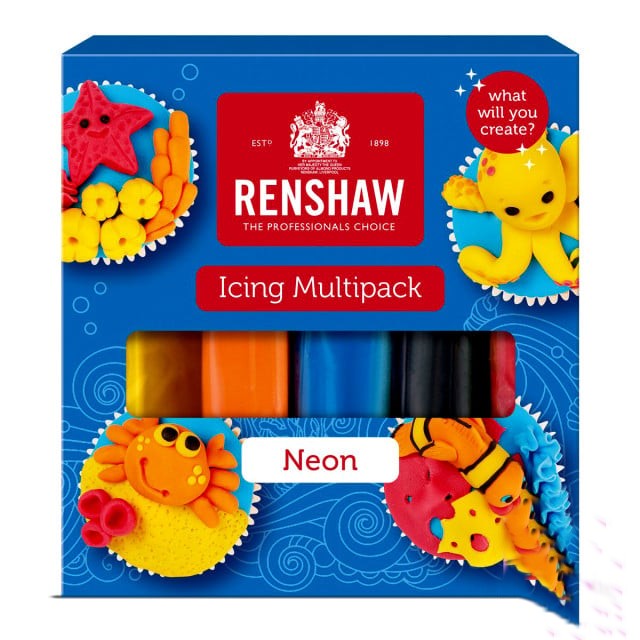 5 Colori Fluo. Giallo, Arancione, Blu, Nero e Rosso. Pasta di zucchero. Renshaw