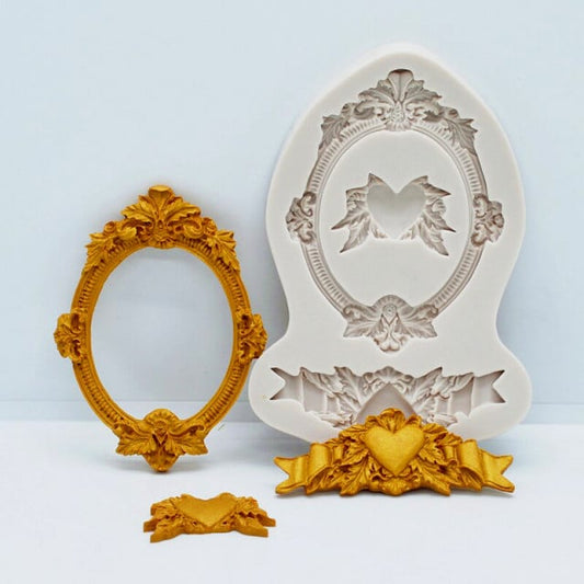 Frame with Mirror and Heart. Vintage Baroque. Silicone mold.