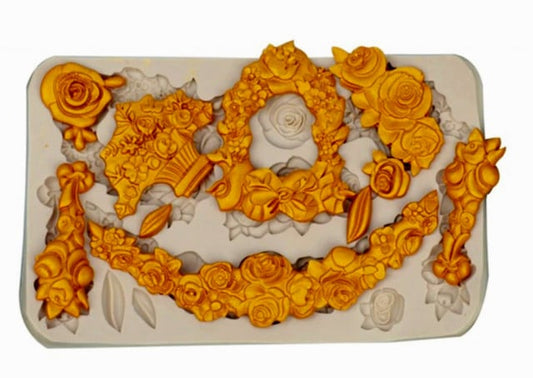 Bouquet of Roses, Flowers, and Leaves with 10 Ornaments. Baroque. Fantastic Decorations. Silicone Mold.