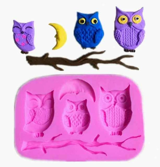 Stampo in silicone di 3 Gufi una Mezza Luna e un Ramo