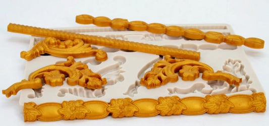 Large Baroque Floral Border with 7 Decorations. Silicone Flower Mold.