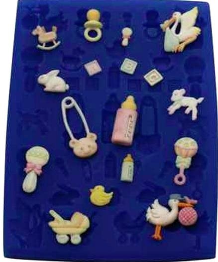 Baptism theme. Molds featuring a stork, baby bottle, crib, pacifier pin, pram, and many other shapes.