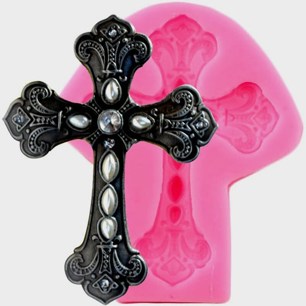 Jeweled Cross Fondant Mold with Engraved Pearls. Silicone Mold.