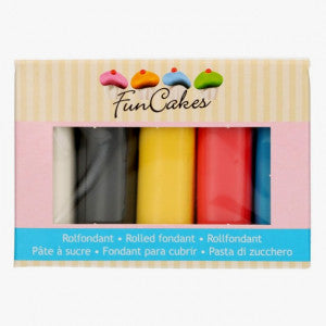 White, Black, Yellow, Red, and Blue. Primary-colored sugar paste. Gluten-free.