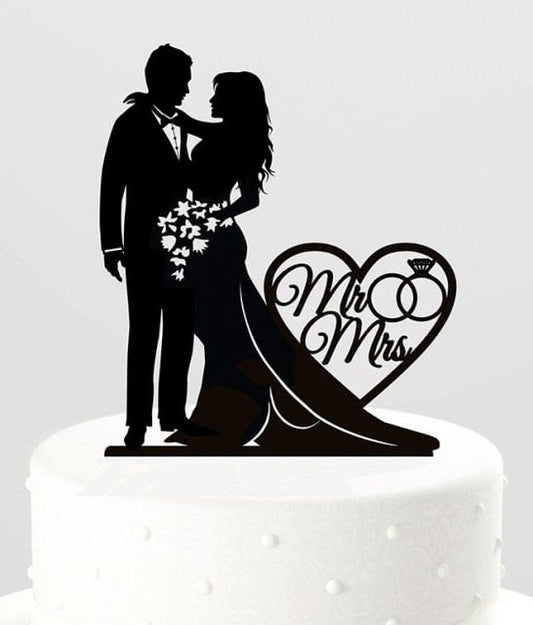 Mr. and Mrs. in the Heart. Wedding Cake Topper. Black Silhouette.