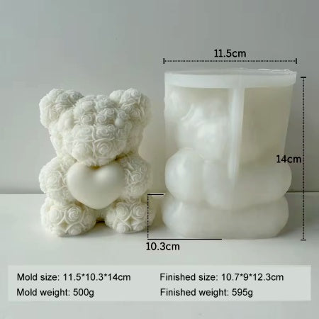 Grande Orsetto con Rose e Cuore. Stampo 14 cm in silicone anche per Candele - WORLD PRODUCTS SHOP