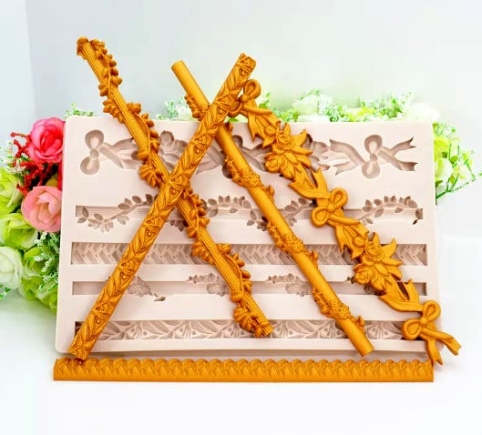 Gorgeous Border with 5 Floral Decorations. Large Silicone Mold.