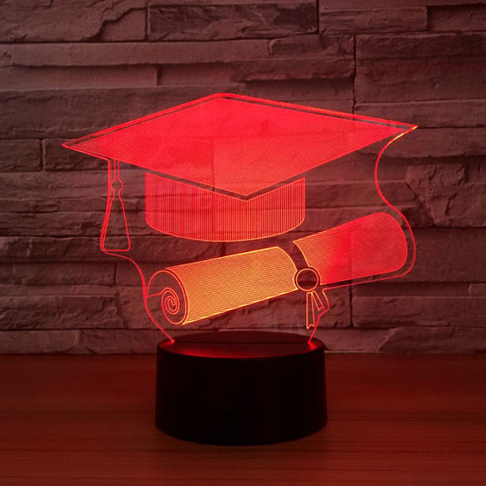 Graduation Cap and Parchment. 7-color 3D LED lamp. Remote control included. Cake topper.
