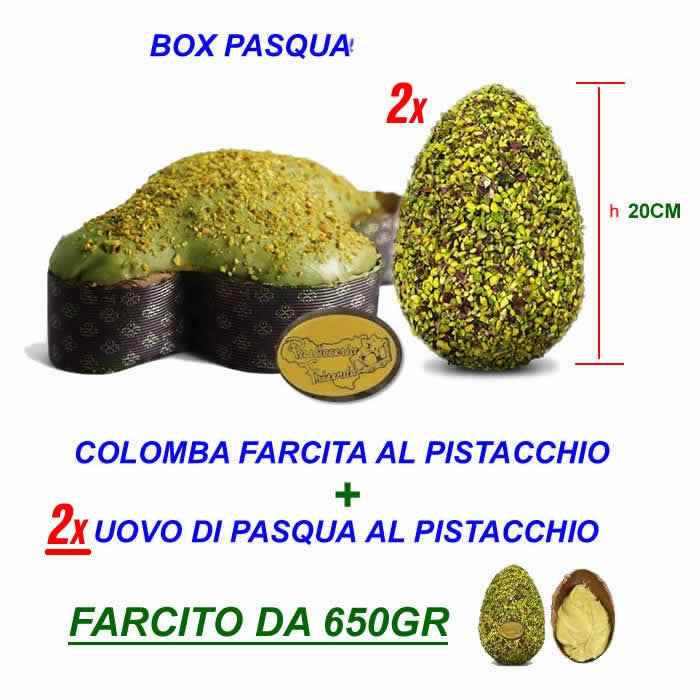 Box DOPPIO Pasquale Colomba al pistacchio da oltre 1,2kg + 2x Uova di Pasqua FARCITE da 650gr ( 1 latte + 1 fondente )