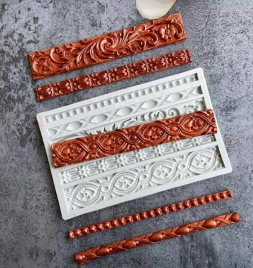 Stunning border in 5 vintage Baroque decorations. Large silicone mold.