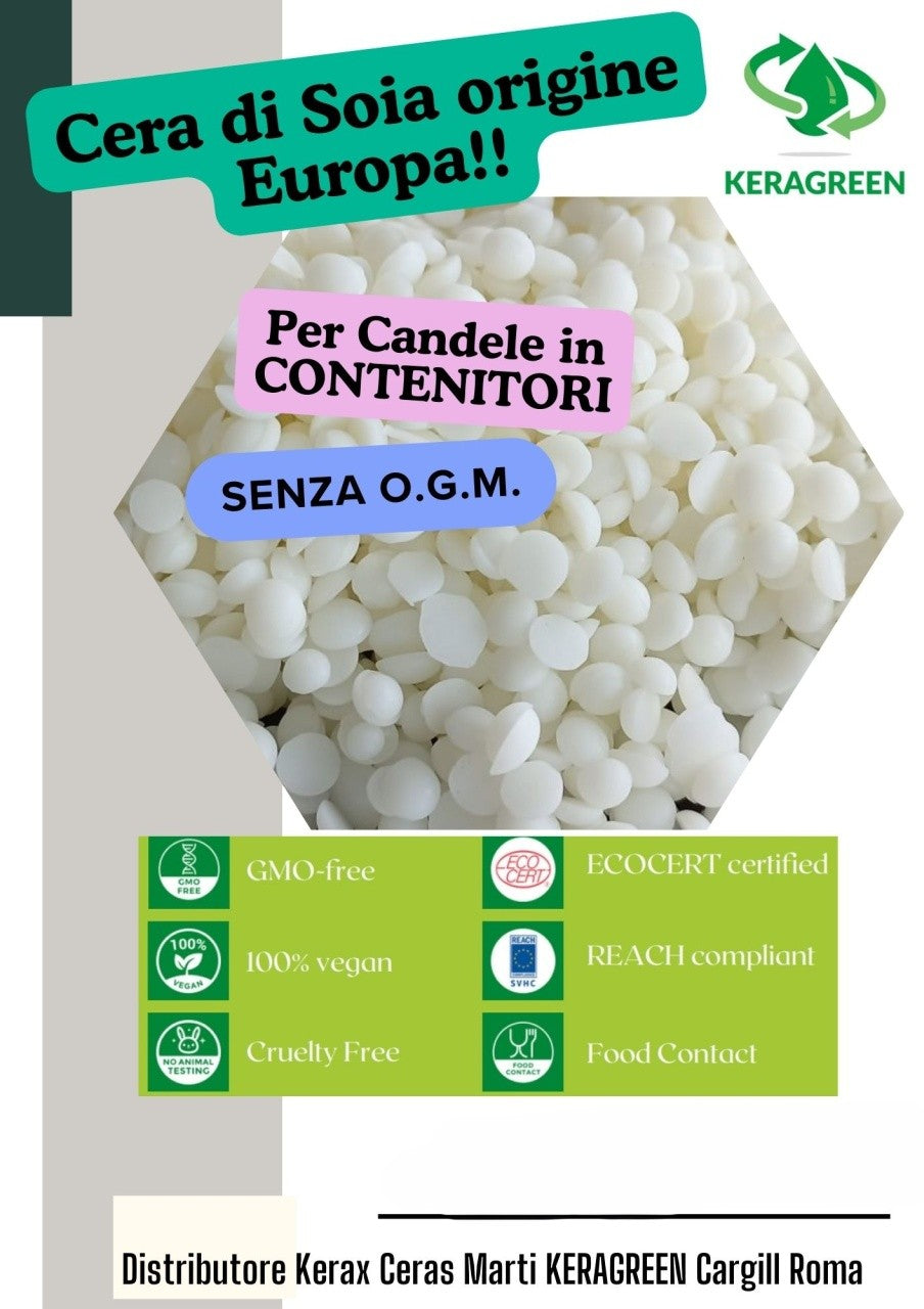 Contenitori. Cera Soia Extra Bianca Produzione in EUROPA per Candele. KERAGREEN - WORLD PRODUCTS SHOP