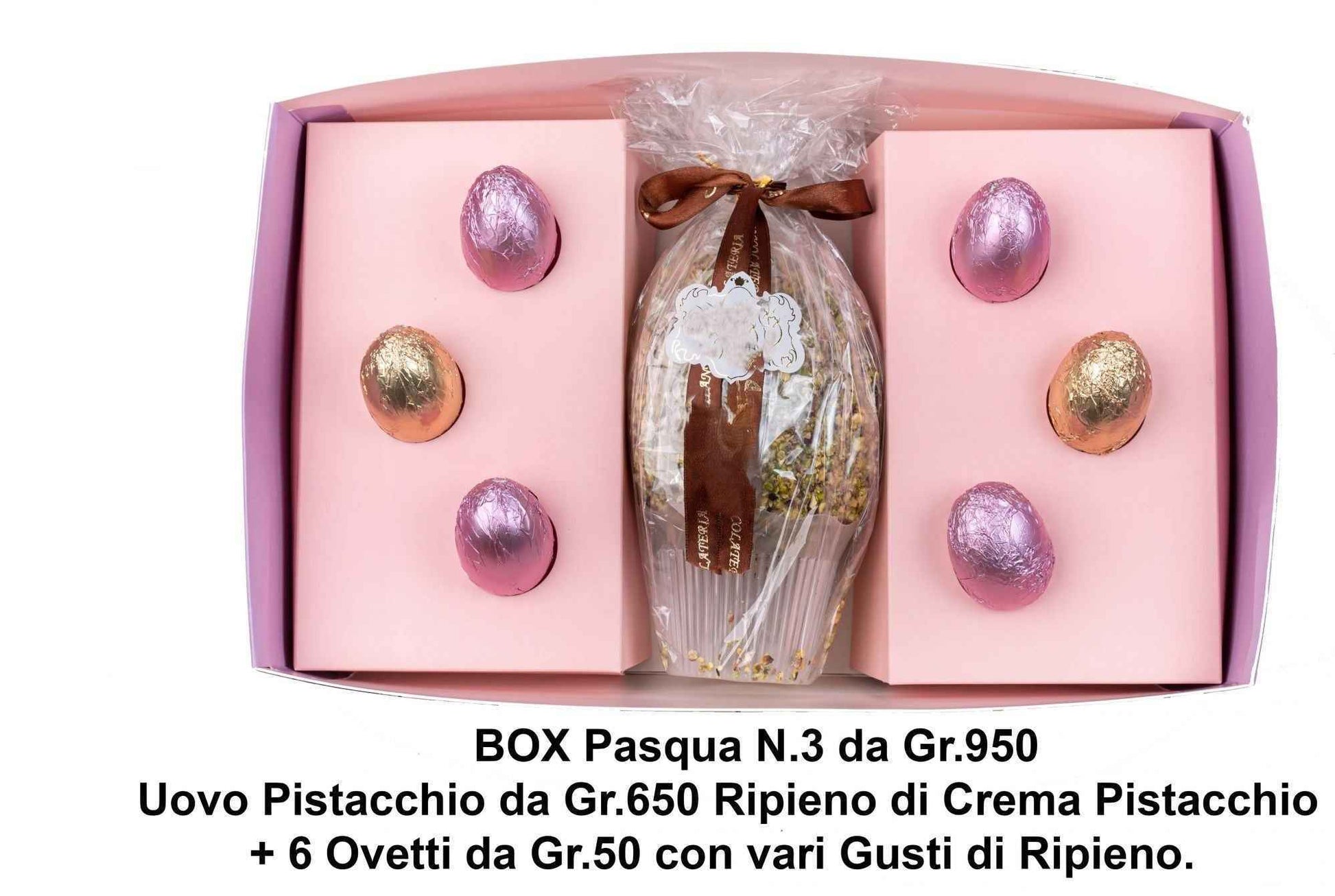 Easter Box Pasqua (N.2) kg.1,070 uovo nocciolato ripieno dark + paperotto+coniglio+2 ovette ripiene creme