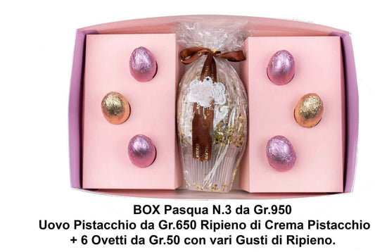 Easter Box Pasqua (N.2) kg.1,070 uovo nocciolato ripieno dark + paperotto+coniglio+2 ovette ripiene creme