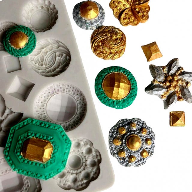 Beautiful Button and Tiara Jewelry in various shapes. Vintage Baroque. Silicone mold.