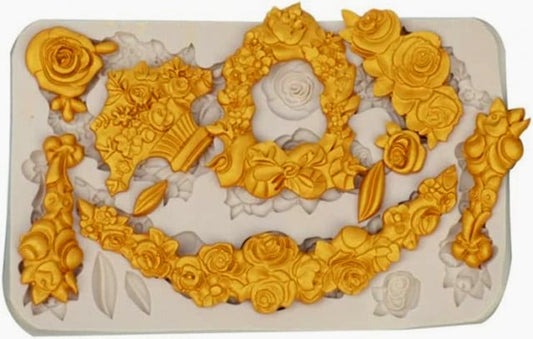 Grande Bordo Floreale con 10 decorazioni. Stampo Fiori in silicone. Flower Silicone Lace Mold