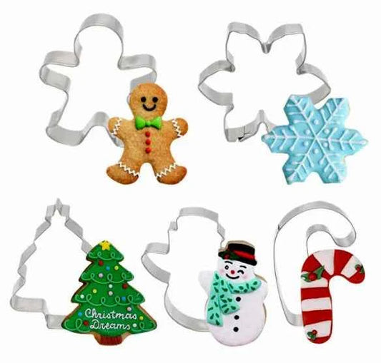 Set 5 Tagliapasta Natale. Gingerbread, Albero Pupazzo e Fiocco di neve e Regalo.