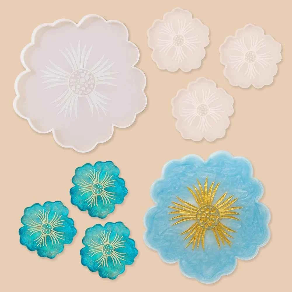 Set Fiori Vassoio con 3 Sottobicchieri. Stampi in silicone per resina