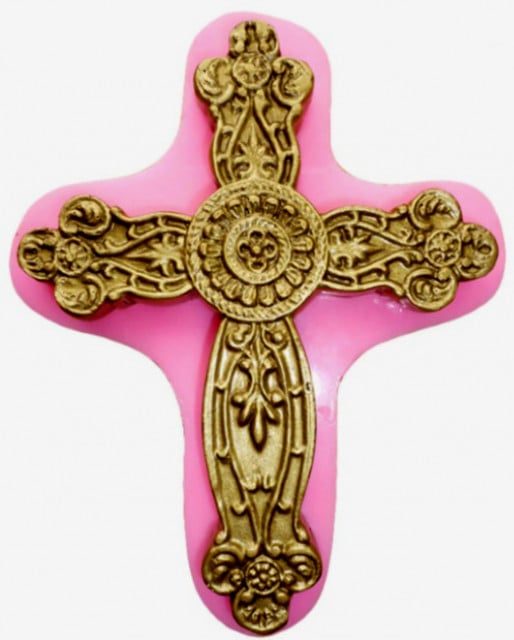 Large decorated Baroque cross, 17 x 13.5 cm. Silicone mold.