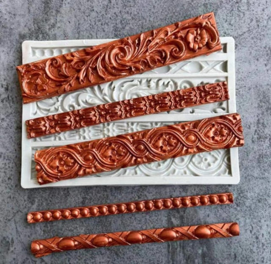Stunning border in 5 vintage Baroque decorations. Large silicone mold.