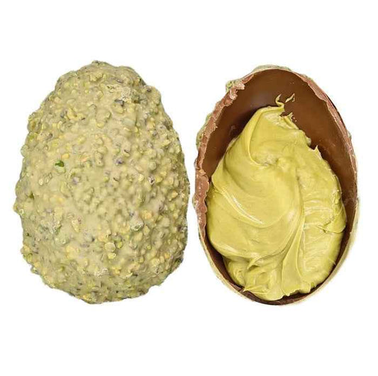 Uovo di Pasqua Artigianale ricoperto di pistacchi, GLASSATO CIOCCOLATO BIANCO e FARCITO al pistacchio