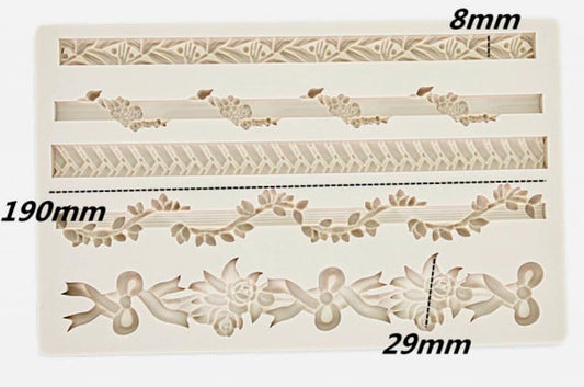 Gorgeous Border with 5 Floral Decorations. Large Silicone Mold.