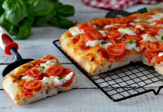 Roman-style pan pizza with sourdough starter. 4-48 hours of preparation. 