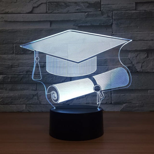 Graduation Cap and Parchment. 7-color 3D LED lamp. Remote control included. Cake topper.